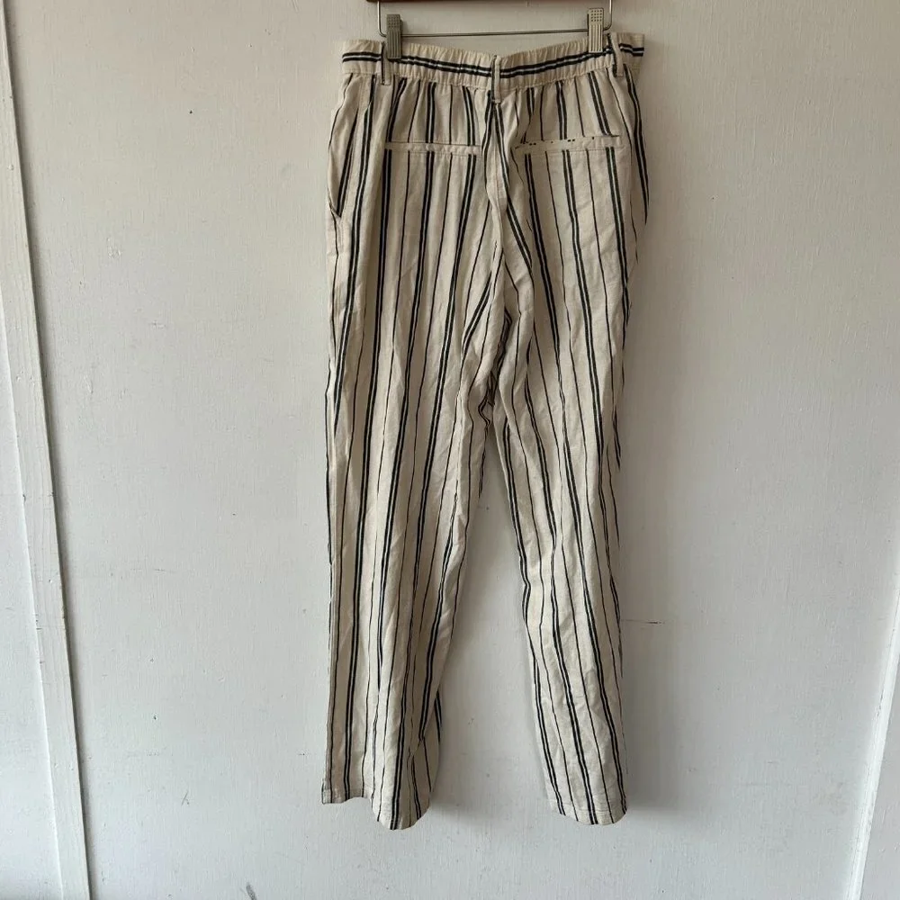 H&M Linen Blend Trousers Womens Size 10‎ Blue Striped Minimalist Wide Leg Pants